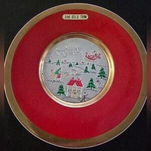 Festive Red and Gold Holiday Plate with 24K Gold Trim, "Christmas Chokin"